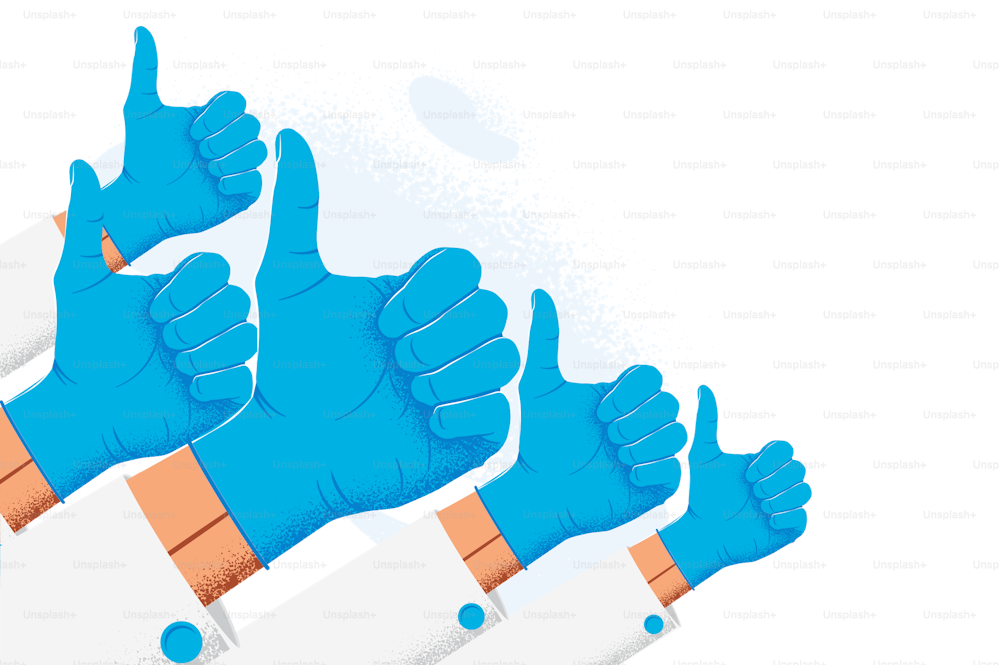 Group of doctors or nurses raised up hands in blue medical protective gloves showing thumb up like sign gesture. Doctors recommendation concept. Vector eps 10 illustration