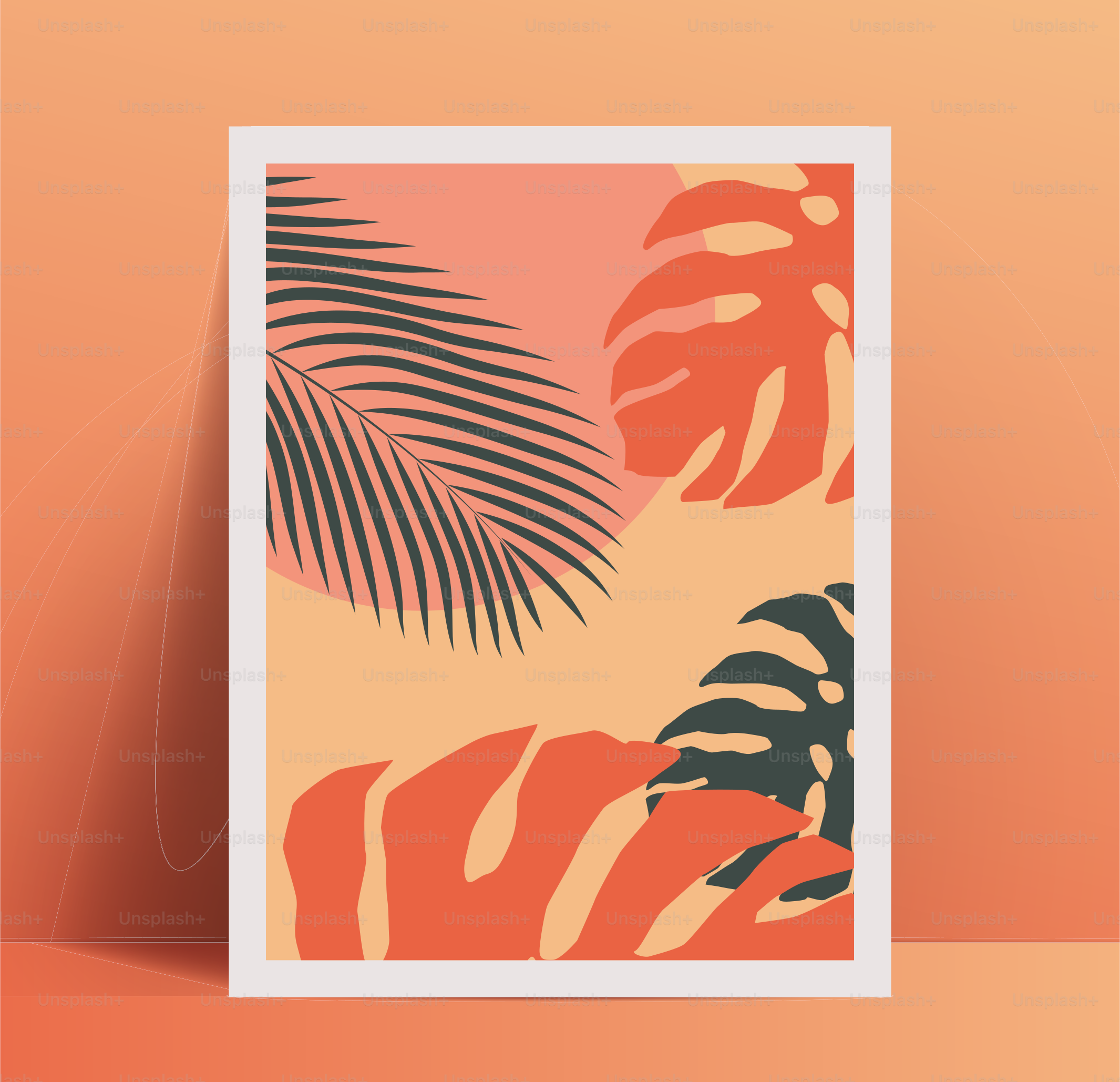 Summer vibes minimalistic poster placard design template with exotic tropical palm leaves and geometric shapes in trendy pastel color palette. Vector eps 10 illustration