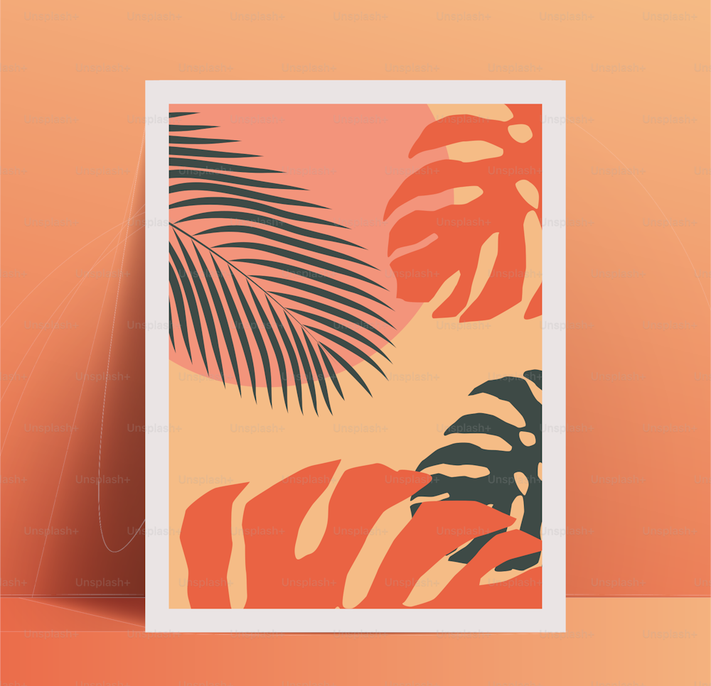 Summer vibes minimalistic poster placard design template with exotic tropical palm leaves and geometric shapes in trendy pastel color palette. Vector eps 10 illustration