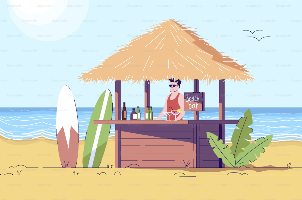 Beach bar flat doodle illustration. Bartender at counter. Seaside scenery. Barmen in outdoor cafe on seashore. Tropical country. Indonesia tourism 2D cartoon character with outline for commercial use