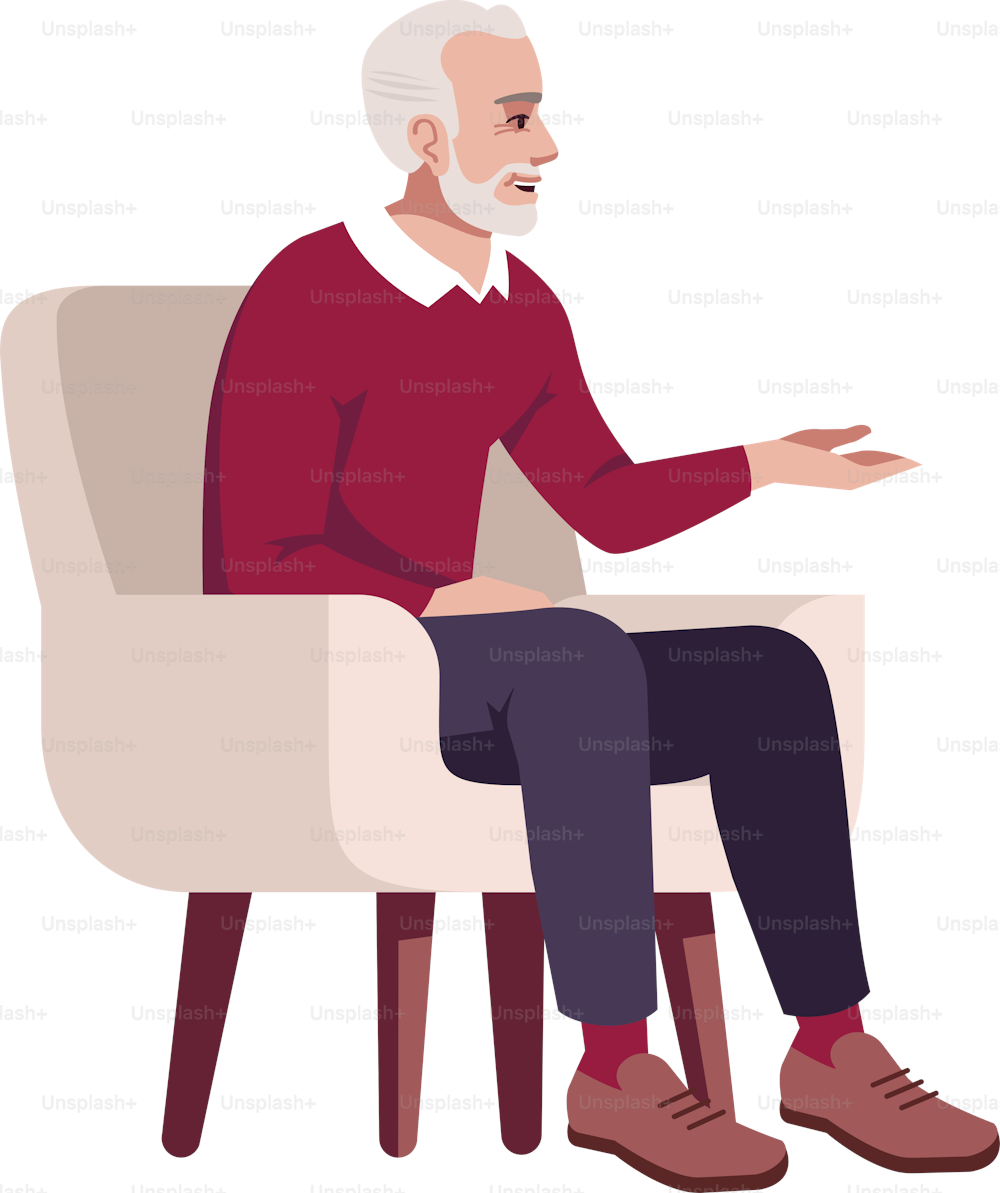 Elderly man in armchair semi flat RGB color vector illustration. Pensioner talking. Retired person taking part in conversation. Psychology consultation. Isolated cartoon character on white background