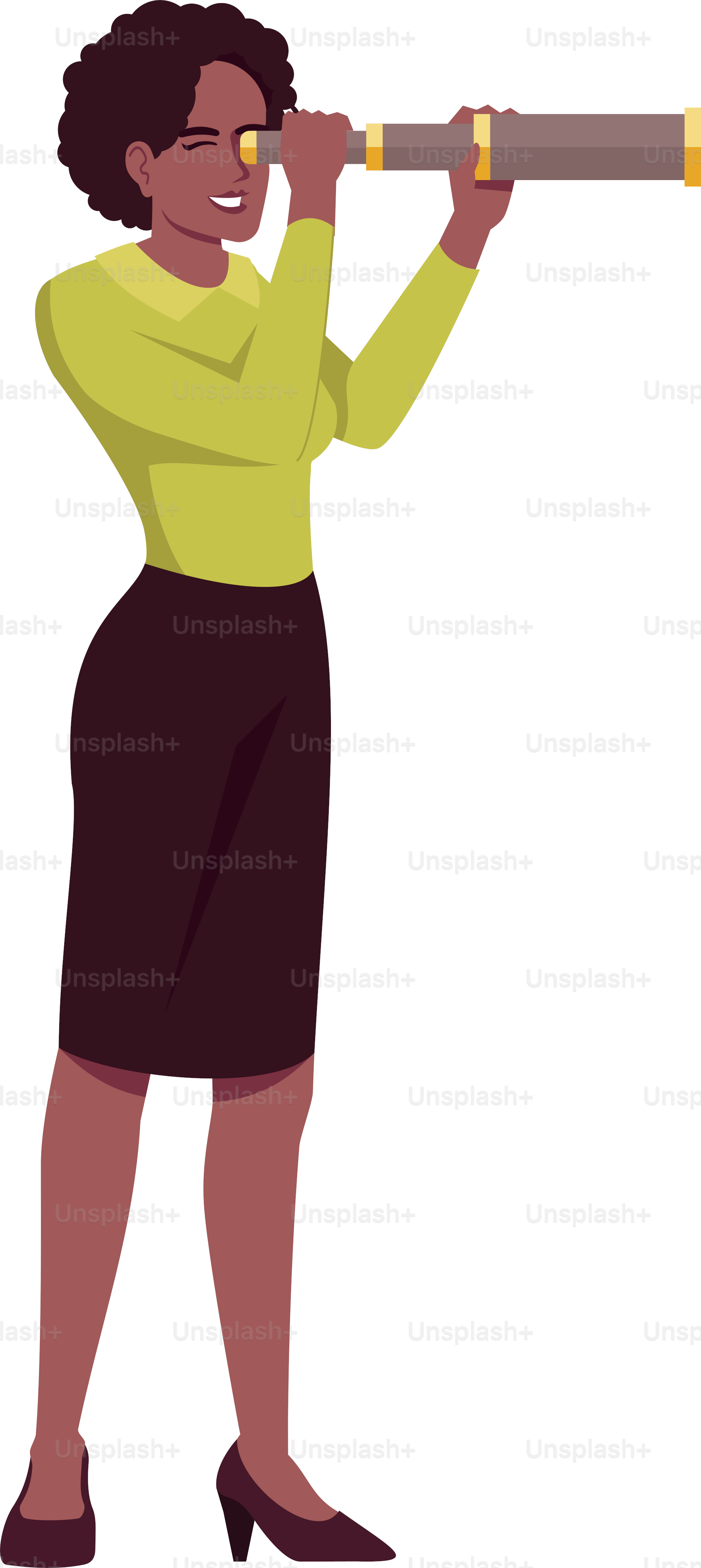 Identificación de dirección de desarrollo de negocio con ilustración vectorial RGB semi plana. Alta dirección femenina con catalejo aislado y personaje de dibujos animados sobre fondo blanco. Concepto de habilidad de visión estratégica