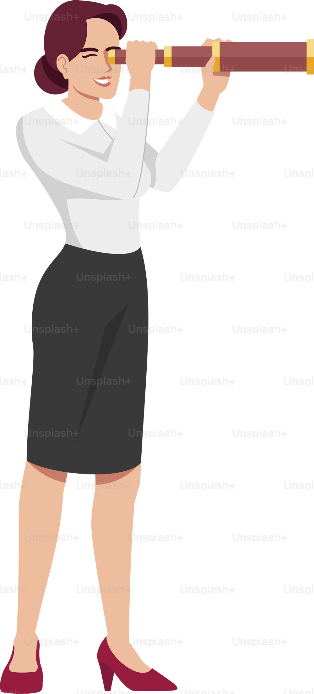 Businesswoman seeking new opportunities semi flat RGB color vector illustration. Young businesslady holding spyglass isolated cartoon character on white background. Business strategy vision concept