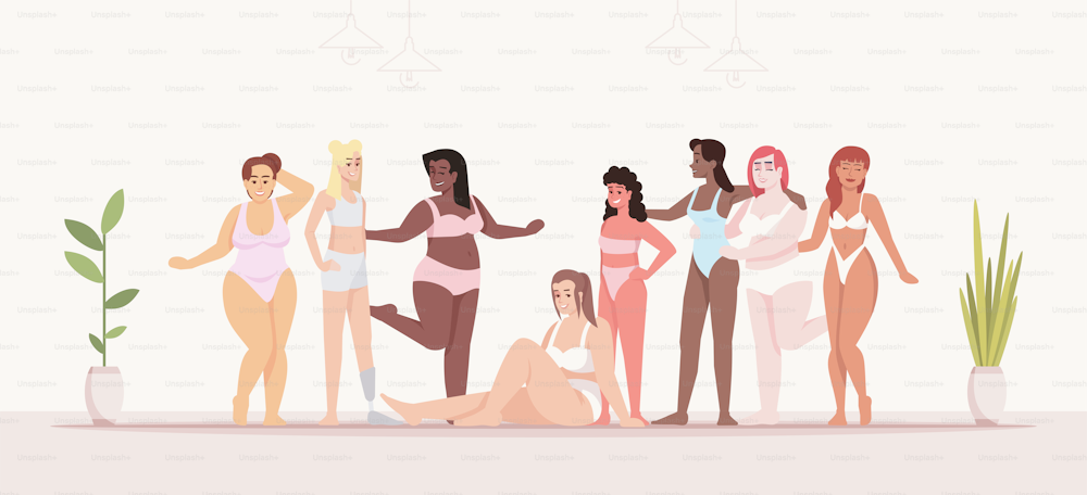 바디 포지티브 플랫 벡터 그림입니다. 평등과 페미니즘을 위한 투쟁. 실내 인테리어. 다른 국적의 미소 짓는 숙녀들. 냄비 꽃입니다. 수영복을 입은 여자 만화 캐릭터
