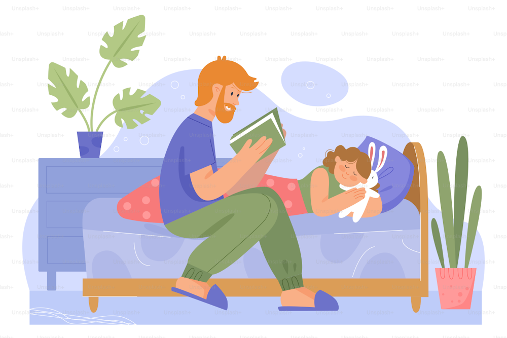 父親と娘の家族の時間のベクターイラスト。おやすみなさいの睡眠のためにベッドで小さな女の赤ちゃんに就寝時のおとぎ話の物語を読む漫画のお父さんのキャラクター。フラットな幸せな家族の父性のコンセプト