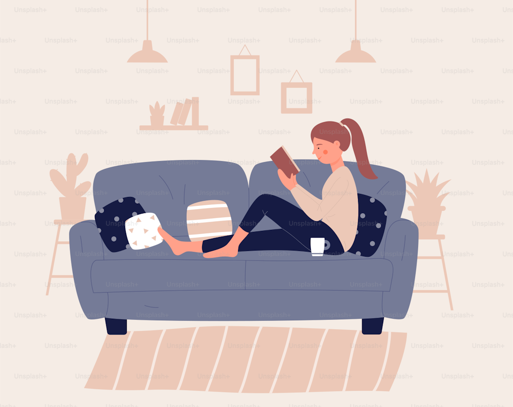 Girl sitting on sofa or couch with pillow ond read book. Young woman resting in cozy atmosphere of her room, apartment, home. Relax concept character flat design vector illustration, modern lifestyle