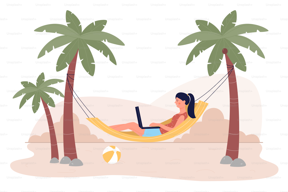Junge Freiberuflerin, die an einem Laptop arbeitet, der in der Hängematte im Strandresort auf einer tropischen Insel isoliert auf weißem Hintergrund liegt. Faulenzender weiblicher Charakter entspannend, Urlaubsruhe.