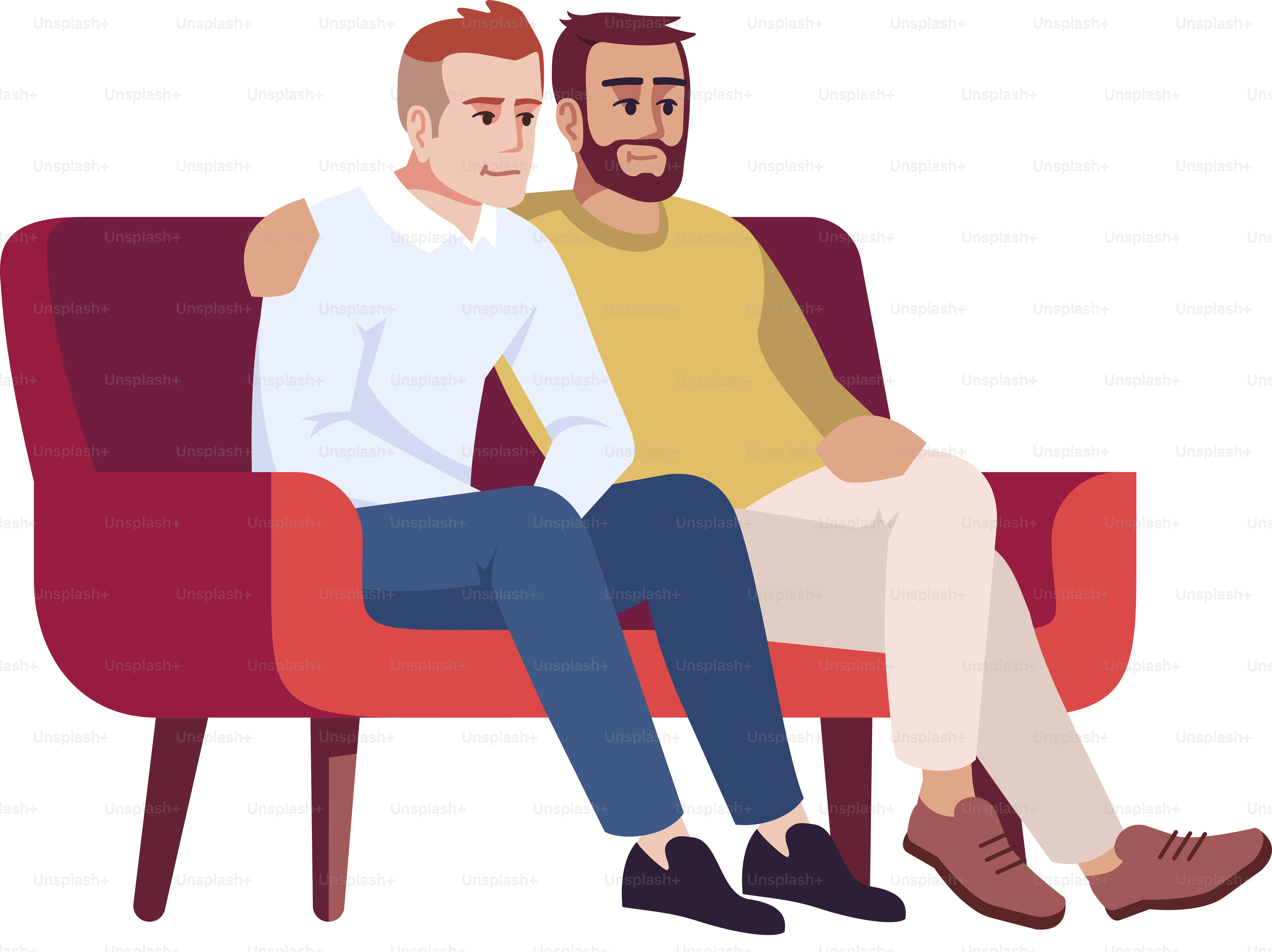 Zwei Männer auf dem Sofa halbflache RGB-Farbvektorillustration. Männliche Freunde auf der Couch. Jungs, die Zeit miteinander verbringen. Gleichgeschlechtliches Paar. Psychologische Beratung. Isolierte Zeichentrickfigur auf weißem Hintergrund