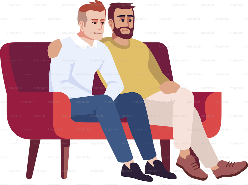Two men on sofa semi flat RGB color vector illustration. Male friends on couch. Guys spending time together. Same-sex couple. Psychology consultation. Isolated cartoon character on white background