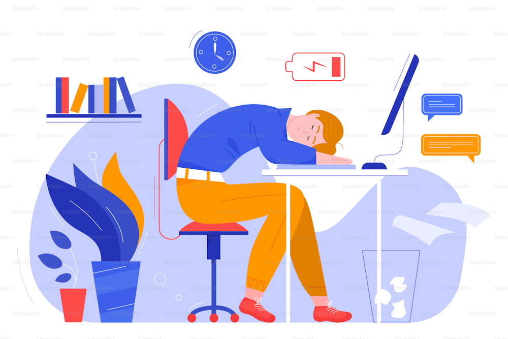Professional burnout character flat vector illustration business concept. Overworked tired boy needs overload and sleeping at computer. Time management, deadline, freelancer, frustrated worker