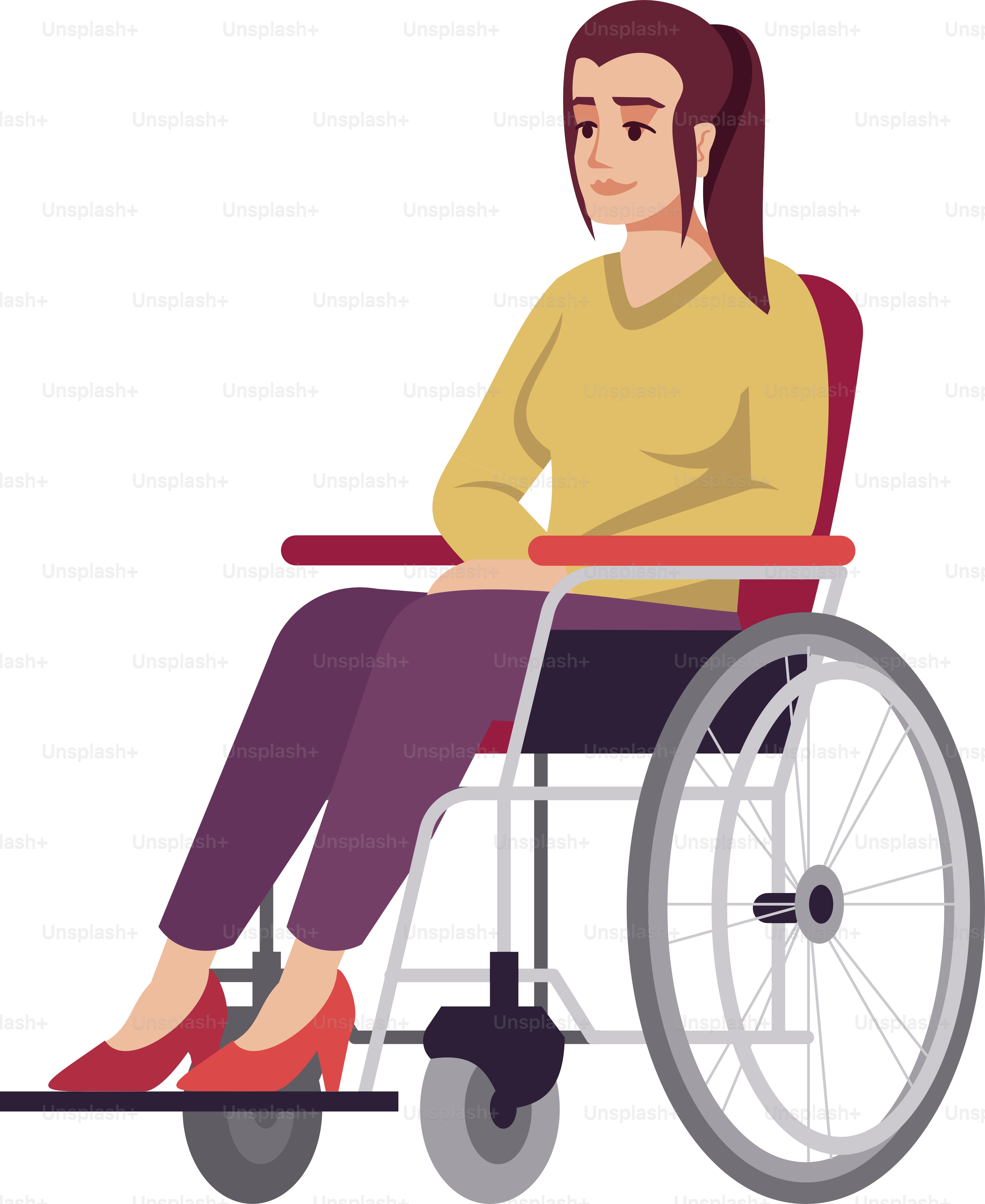 Mujer en silla de ruedas de ruedas con ilustración vectorial RGB semi plana. Chica discapacitada. Persona con discapacidad. Periodo de recuperación. Rehabilitación. Consulta de psicología. Personaje de dibujos animados aislados sobre fondo blanco