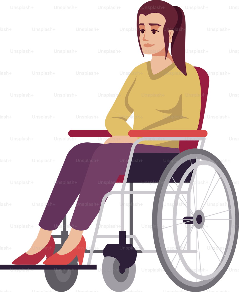 Mujer en silla de ruedas semi plana RGB ilustración vectorial en color. Niña discapacitada. Persona discapacitada. Período de recuperación. Rehabilitación. Consulta de psicología. Personaje de dibujos animados aislado sobre fondo blanco