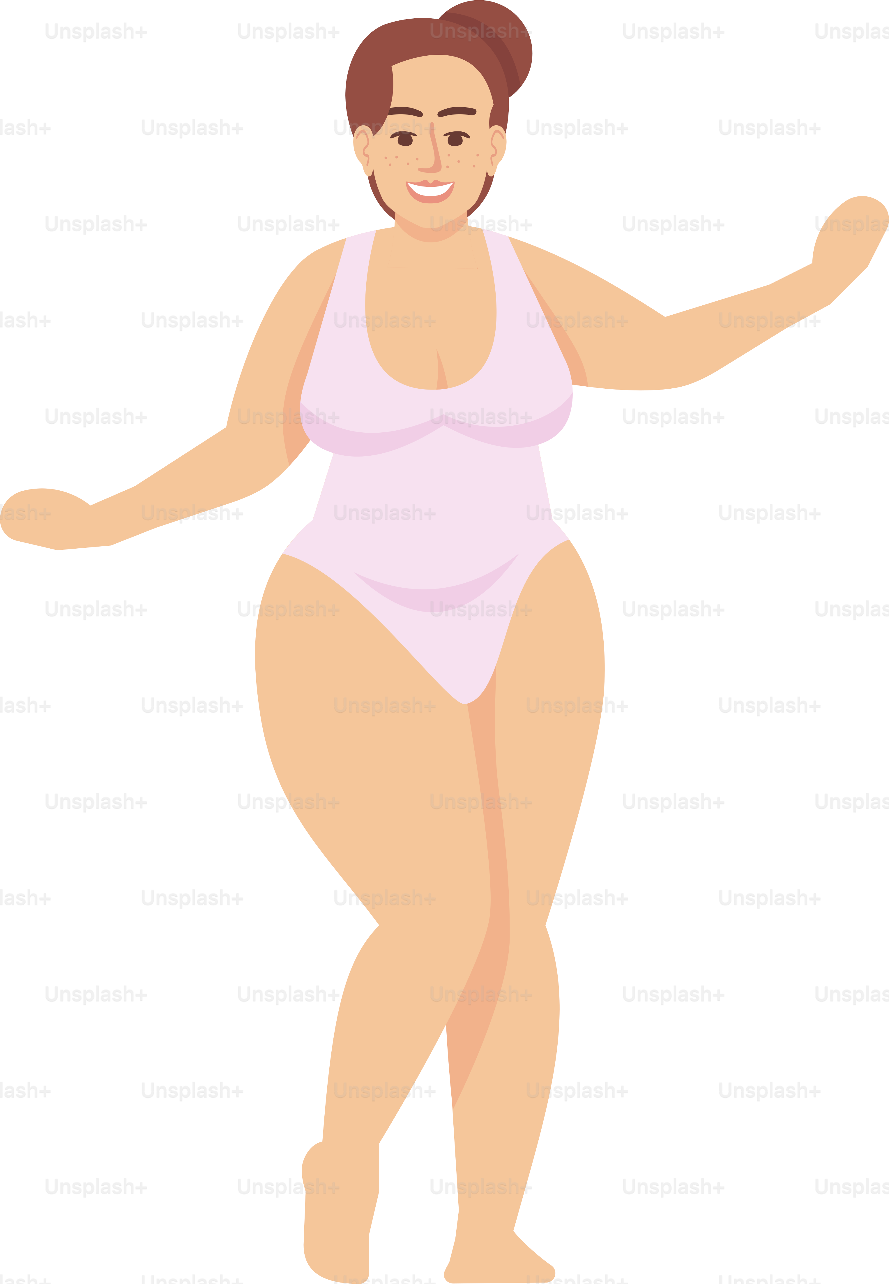 Woman dressed in swimsuit flat vector illustration. Body positive and feminism. Excess weight. Plus size figure. Caucasian smiling lady with brown hair isolated cartoon character on white background