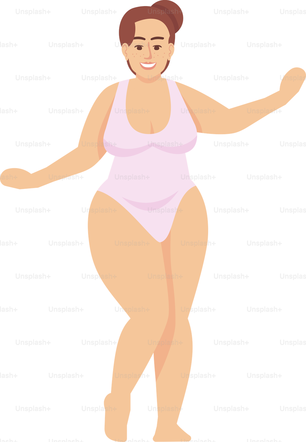 水着の平らなベクターイラストを着た女性。ボディポジティブとフェミニズム。太りすぎ。プラスサイズのフィギュア。白い背景に茶色の髪を持つ白人の笑顔の女性