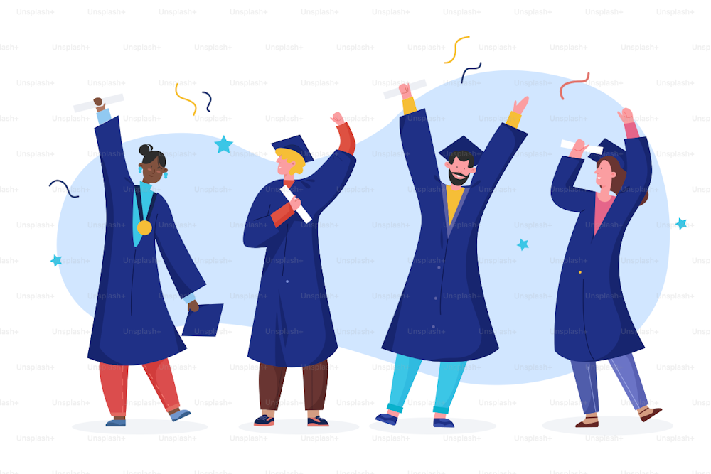 Student graduate vector illustration. Cartoon happy flat graduated people in academic gown robe, graduation cap holding diploma, character celebrating university or school graduation isolated on white