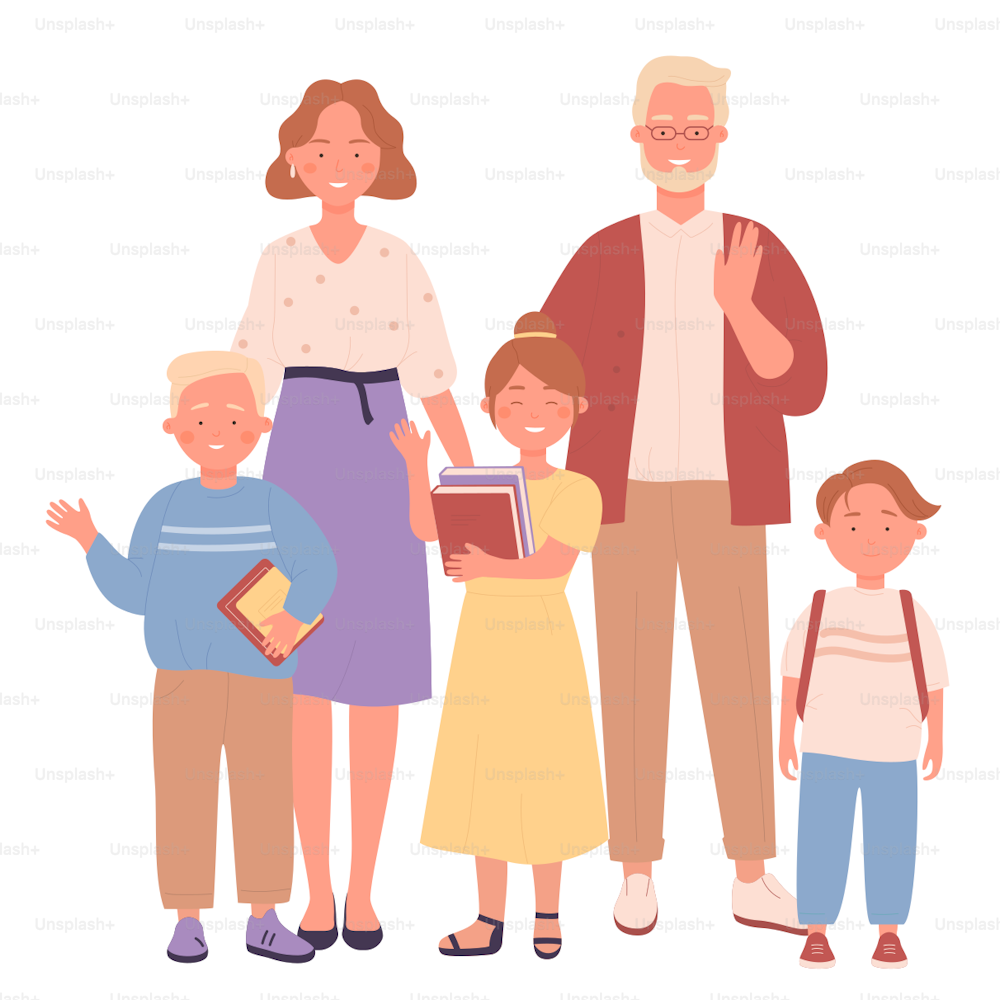 Cute happy big family character flat vector illustration, time together concept. Smiling father, mother, sons and daughter stand and waving hands. Portrait of large traditional heterosexual family