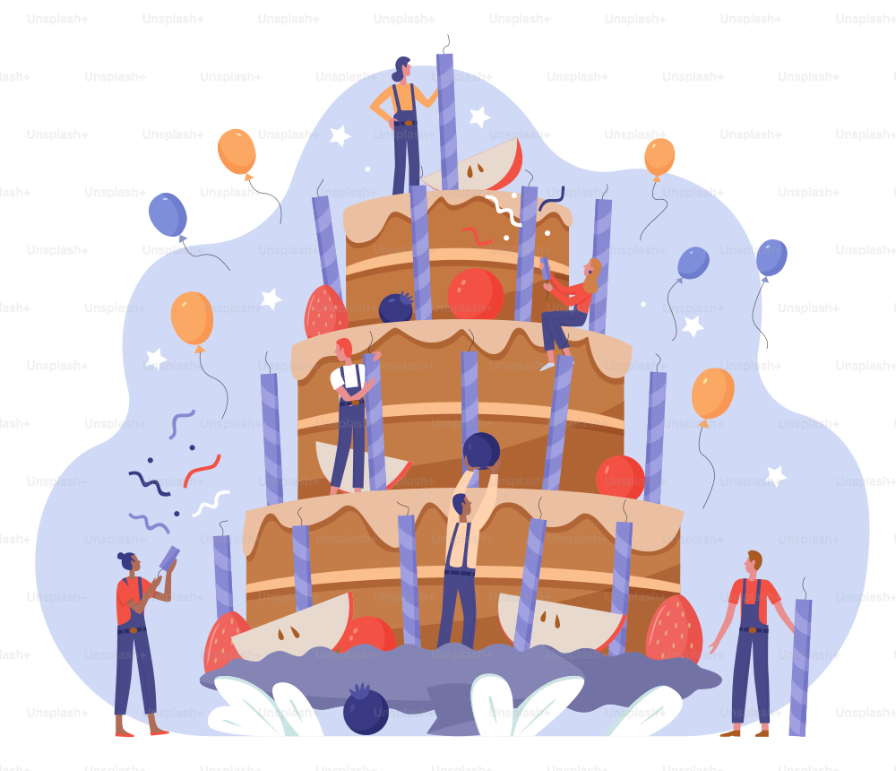 People team decorate birthday cake vector illustration. Cartoon tiny flat characters working together on decoration big birthdate gift cake with cream, candles, berry and fruit decor isolated on white