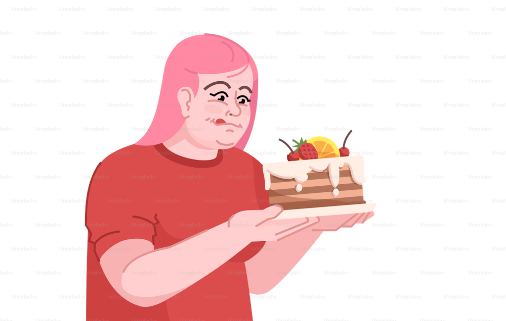 Binge eating flat color vector illustration. Overeating. The sugar intake in the diet. Gluttony. Overweight caucasian girl in anticipation of cake isolated cartoon character on white background