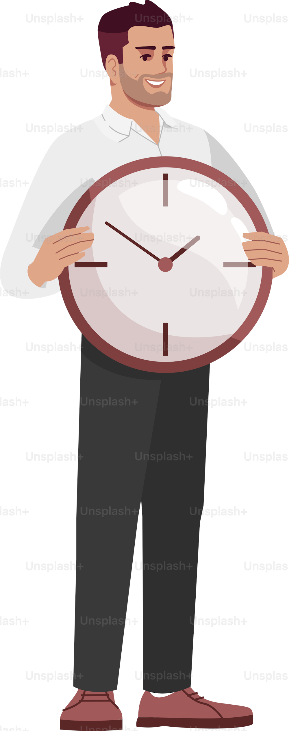 労働者の時間管理スキルセミフラットRGBカラーベクターイラスト。白い背景に時計を持つ従業員の分離型漫画のキャラクター。期限を守る、自己効力感のコンセプト