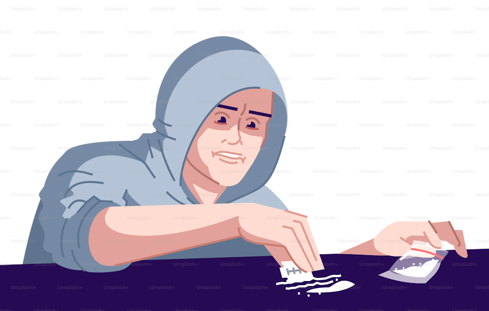 Cocaine addiction flat color vector illustration. Addict guy in excitement before taking substance. Man making lines of cocaine dose on table isolated cartoon character on white background
