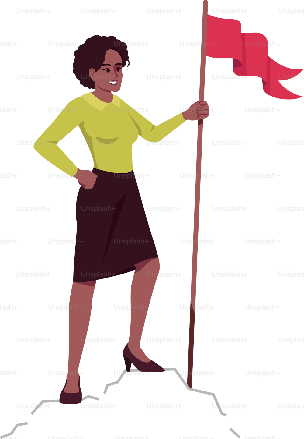 Conquering marketplace metaphor semi flat RGB color vector illustration. Female boss on mountain peak with flag isolated cartoon character on white background. Leadership and personal growth concept