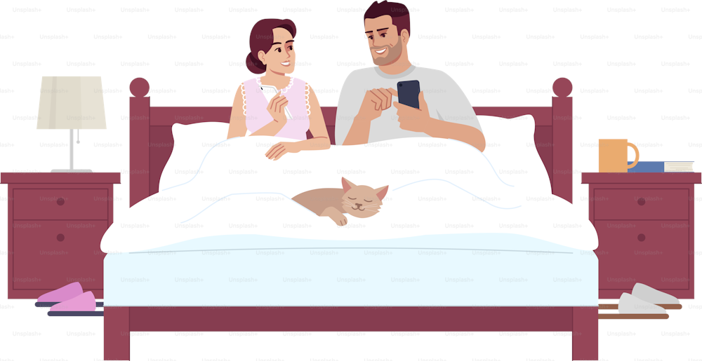 Couple in bed using smartphone semi flat RGB color vector illustration. Gadget overuse and addiction. Boyfriend and girlfriend having rest with mobile phones isolated cartoon character on white