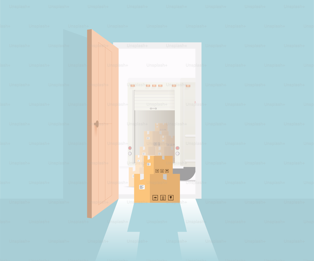 Liefer-zu-Tür-Konzept mit geöffneter Haustür und Lieferpaketboxen und Lieferwagen draußen. Vektor eps 10 Illustration