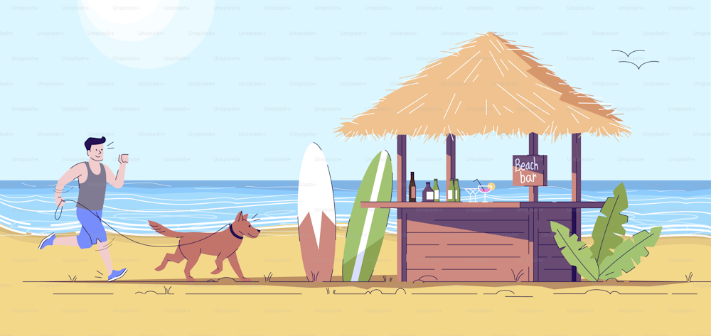 犬の平らな落書きイラストで海辺でジョギングする男性。ひもにつないでペットを乗せてビーチバーを通り過ぎる男。海岸のランナー。インドネシアの観光2D漫画のキャラクターと商用利用のためのアウトライン