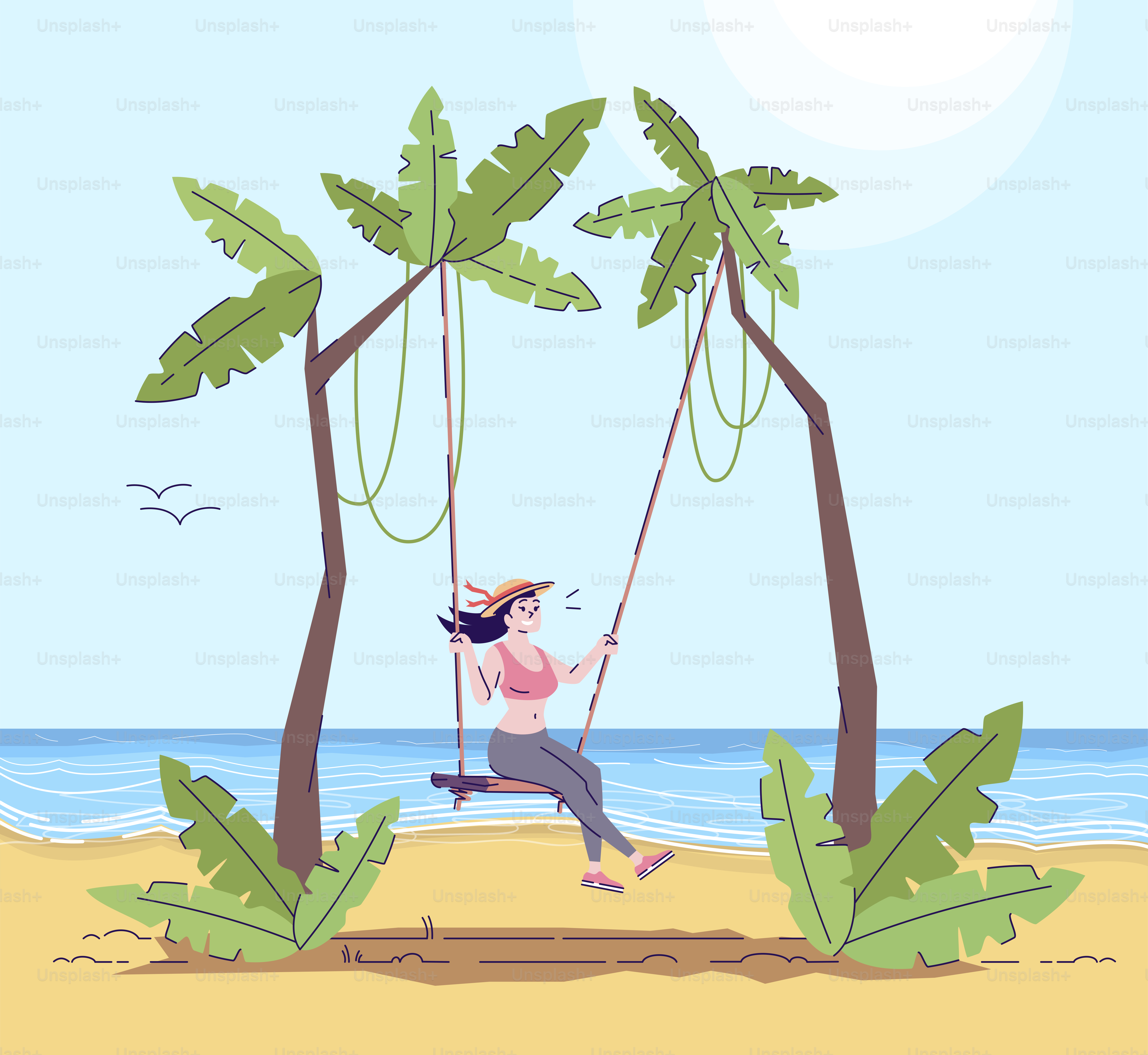 Woman on swing flat doodle illustration. Female tourist on beach. Girl having fun on seashore. Vacation in exotic country. Indonesia tourism 2D cartoon character with outline for commercial use