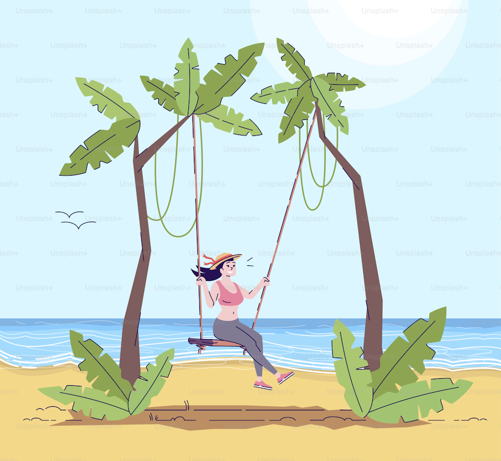 Woman on swing flat doodle illustration. Female tourist on beach. Girl having fun on seashore. Vacation in exotic country. Indonesia tourism 2D cartoon character with outline for commercial use