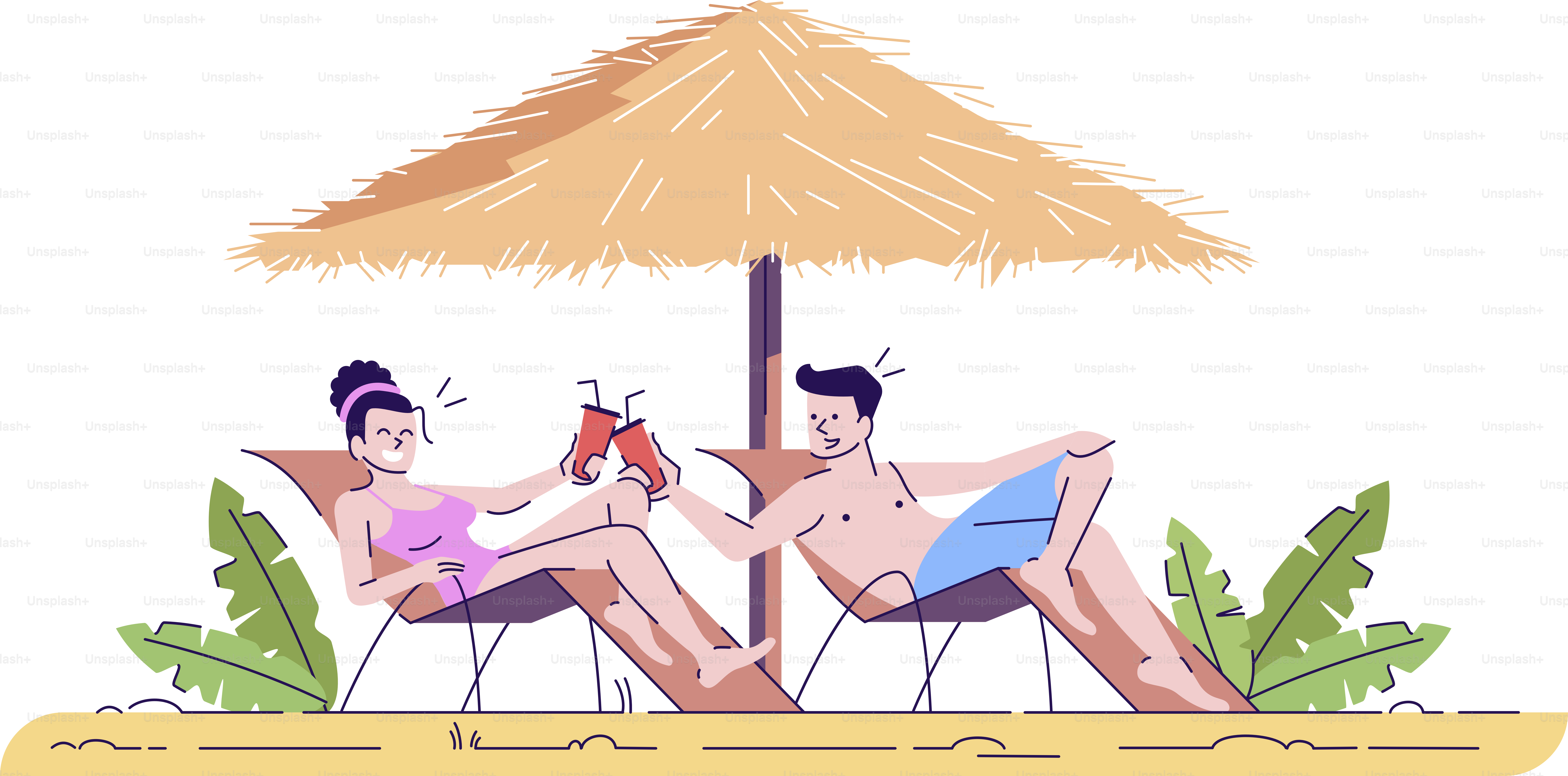 Pasangan di pantai datar ilustrasi coretan. Pria dan wanita di kursi santai minum minuman. Liburan musim panas. Negara eksotis. Karakter kartun 2D pariwisata Indonesia dengan garis besar untuk penggunaan komersial
