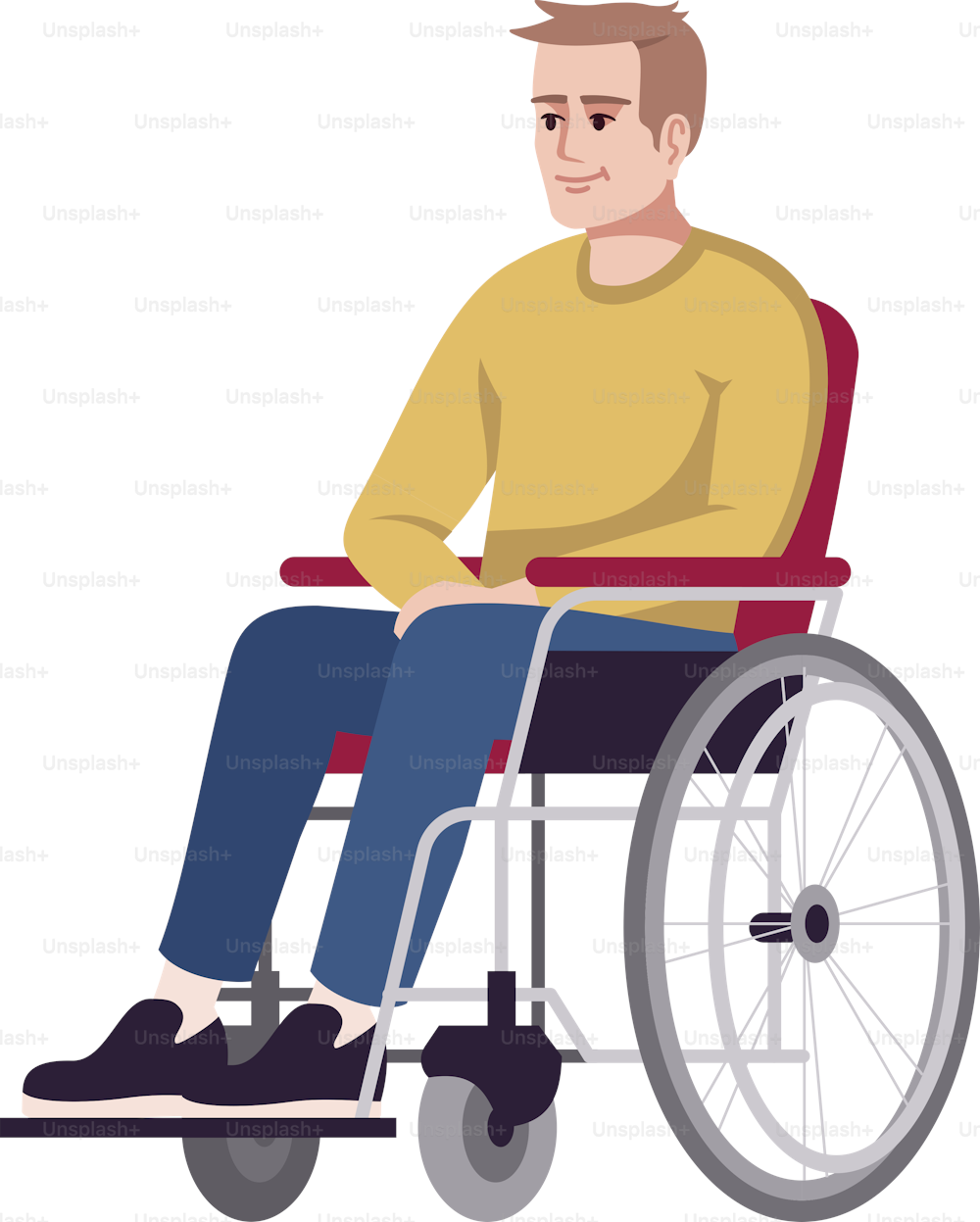 Man in wheelchair semi flat RGB color vector illustration. Disabled, handicapped person. Recovery period. Rehabilitation. Psychology consultation. Isolated cartoon character on white background