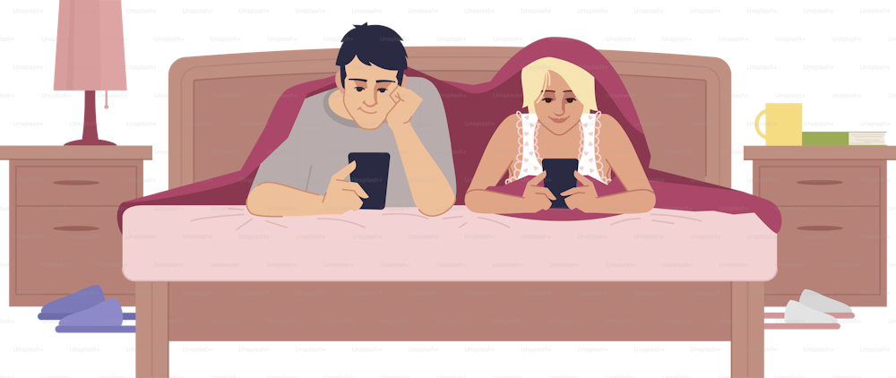 Couple under blanket with head using mobile phones semi flat RGB vector illustration. Gadget overuse. Young husband and wife in bed chatting, browsing internet isolated cartoon character on white