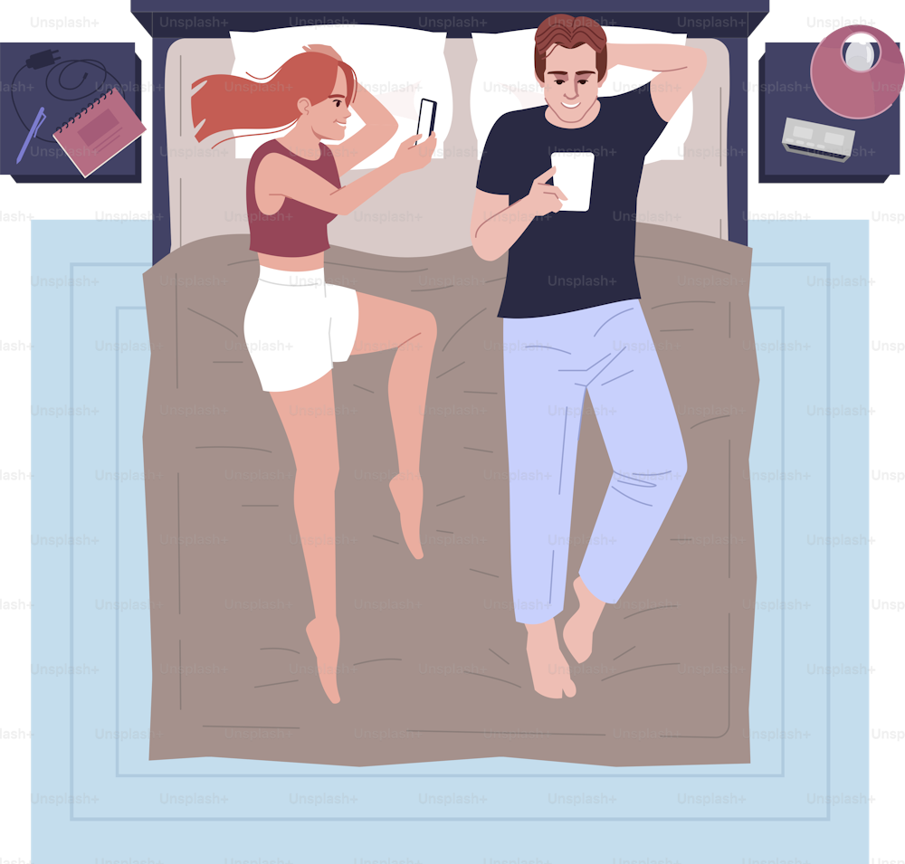 Boyfriend and girlfriend in bed using smartphones separately semi flat RGB color vector illustration. Married couple relaxing in bedroom chatting in social media isolated cartoon character on white