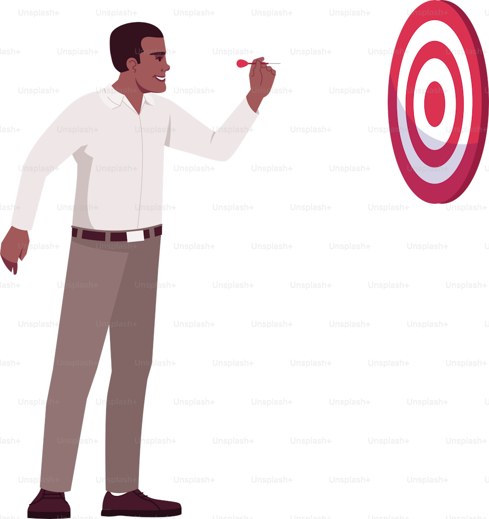 Corporate goals setting semi flat RGB color vector illustration. Focused CEO, top manager hitting bullseye on dartboard isolated cartoon character on white background. Business plans and aims concept