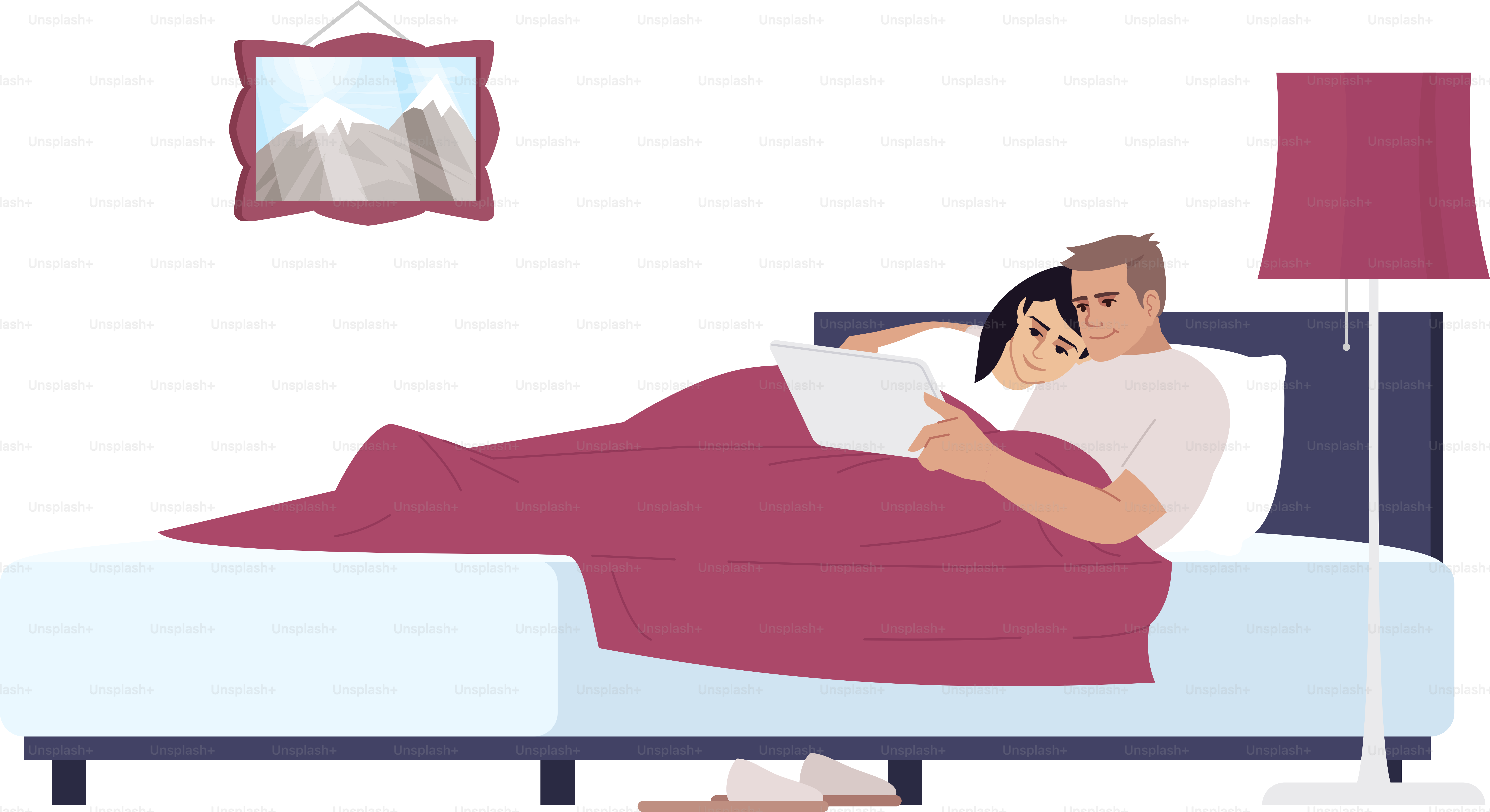 Mi esposa y mi marido viendo películas con ilustración vectorial RGB semi plana en color con tableta. Pareja romántica caucásica tumbada en la cama usando un dispositivo juntos personaje de dibujos animados aislado sobre fondo blanco