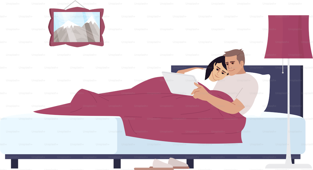 Wife and husband watching film with tablet semi flat RGB color vector illustration. Romantic caucasian couple lying in bed and using device together isolated cartoon character on white background