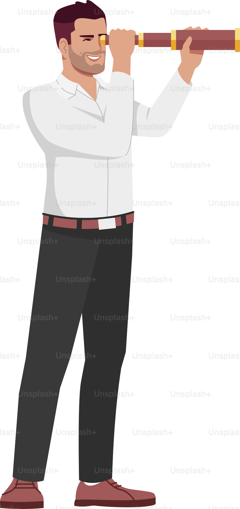 Businessman searching new aims semi flat RGB color vector illustration. Entrepreneur with spyglass isolated cartoon character on white background. Company development vision, career opportunities