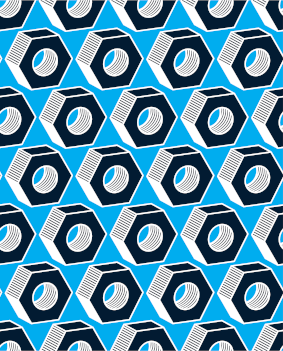 Symmetric seamless pattern with 3d industrial nuts for use with bolts, manufacturing parts wallpaper. Detailed high quality three-dimensional technical parts.