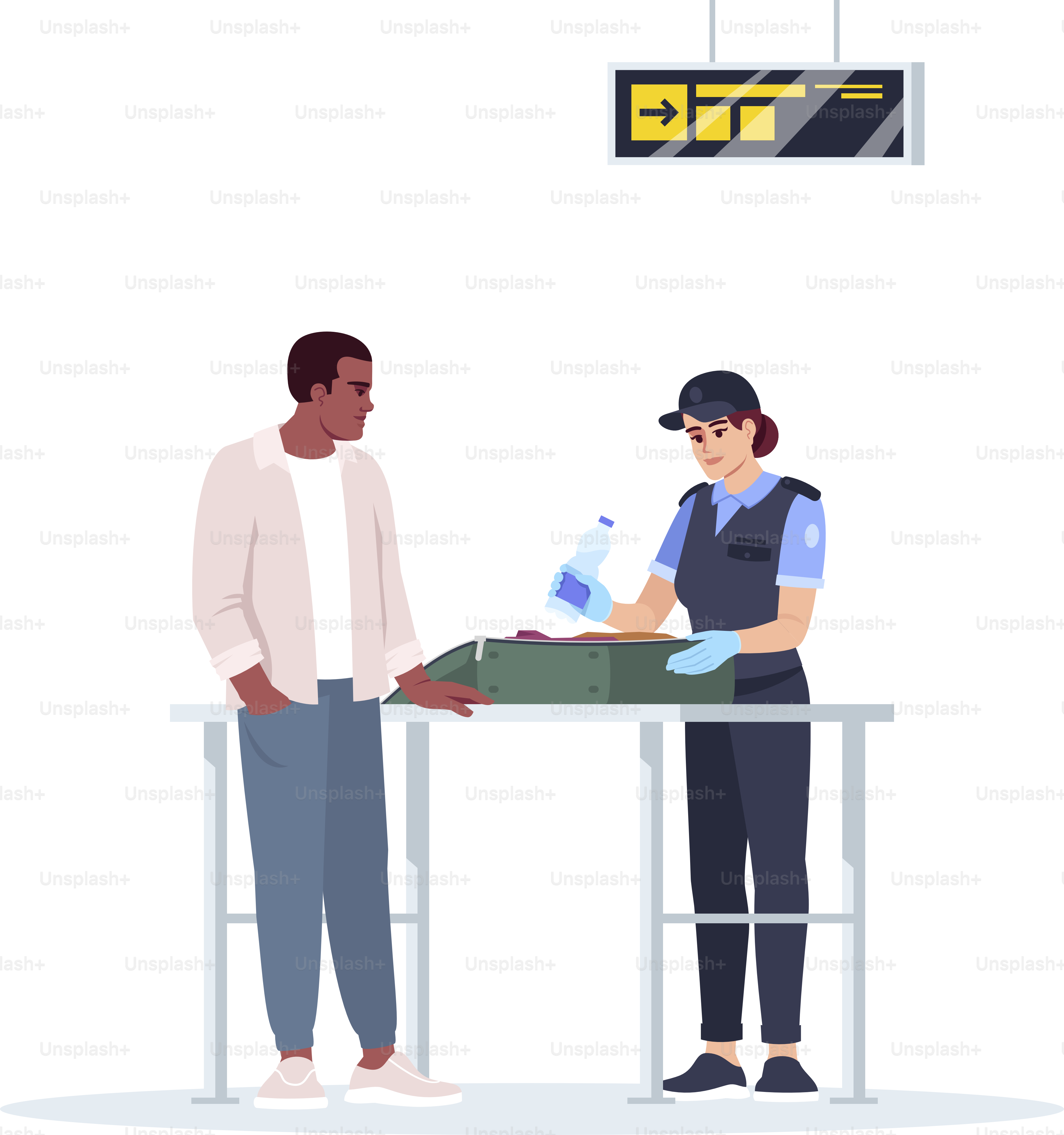 수하물 수령 확인, 반평면 RGB 색상 벡터 일러스트. 밀수에 대한 국경 통제. 여성 경찰관 수하물 수하물. 공항 승객과 직원, 흰색 배경에 고립된 만화 캐릭터