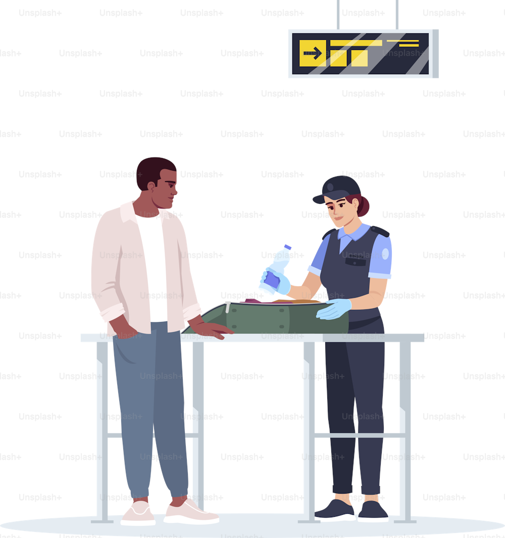Baggage claim check semi flat RGB color vector illustration. Border control for smuggling. Female officer check bag. Airport passenger and staff member isolated cartoon character on white background
