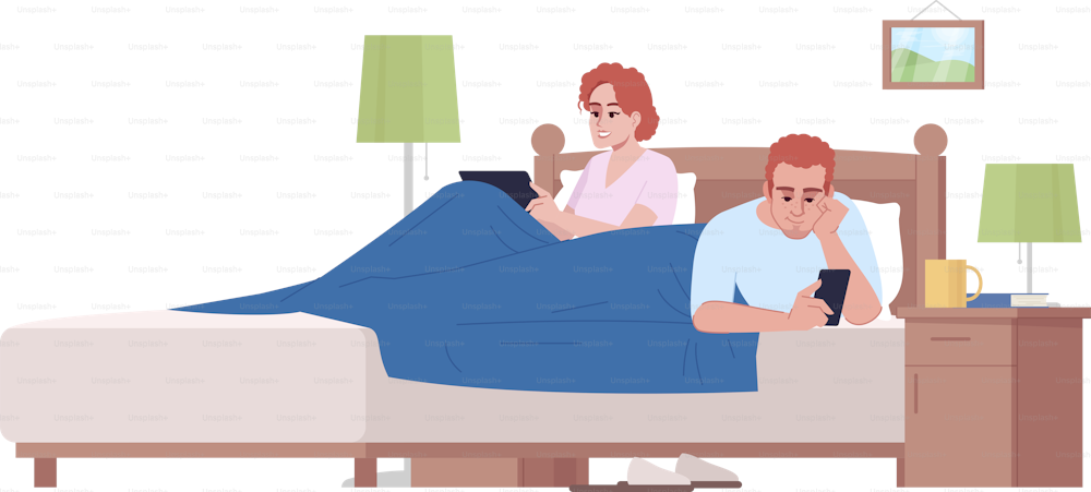 Married couple in bed using devices semi flat RGB color vector illustration. Gadgets overuse, addiction, lack of communication. People with smartphones in bedroom isolated cartoon character on white