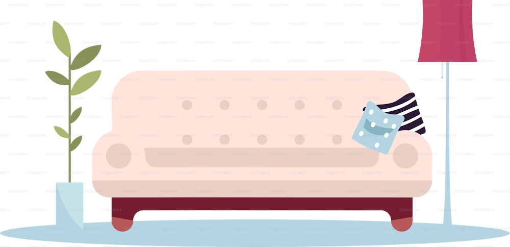 Canapé rose avec oreillers semi plat RGB couleur vectorielle illustration. Canapé confortable. Intérieur de la maison pour le salon. Loisirs à l’intérieur avec confort. Meuble de maison objet de dessin animé isolé sur fond blanc