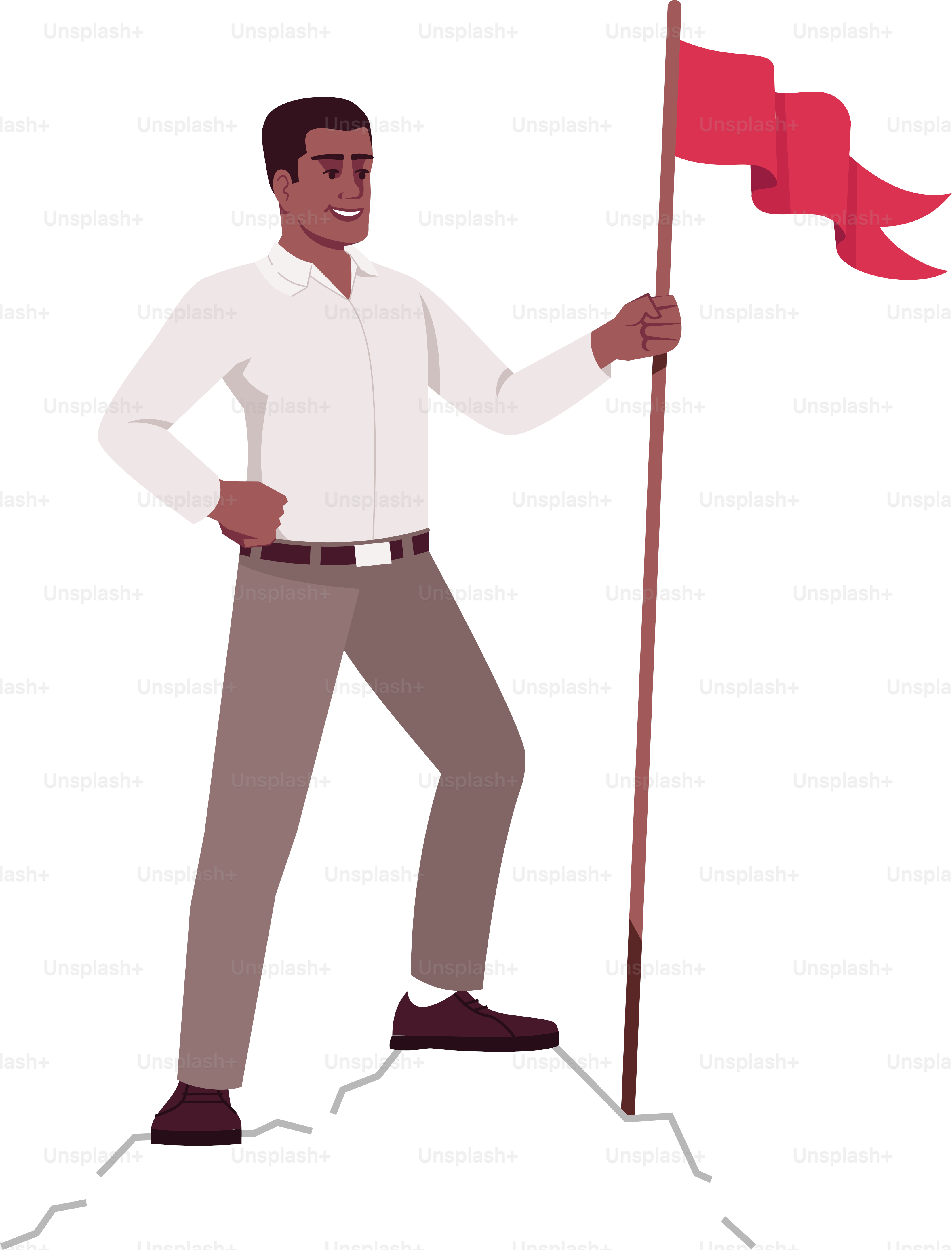 Exitoso hombre de negocios en la parte superior de la metáfora mundial semi plana RGB ilustración vectorial en color. Líder de la industria en el pico de la montaña aislado personaje de dibujos animados sobre fondo blanco. Concepto de logros empresariales