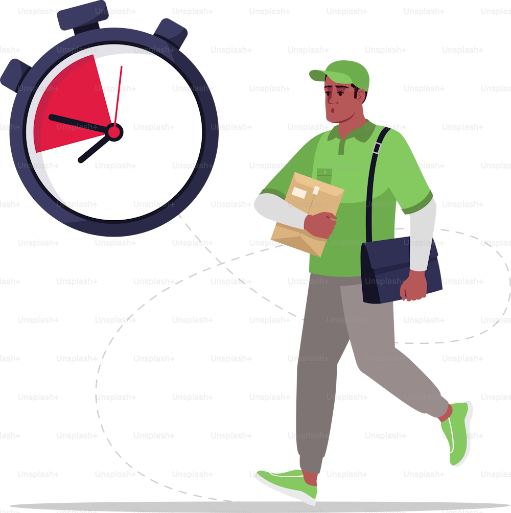 Urgent mail delivery semi flat RGB color vector illustration. Deliveryman in green uniform. Stopwatch for express shipping. African american courier isolated cartoon character on white background