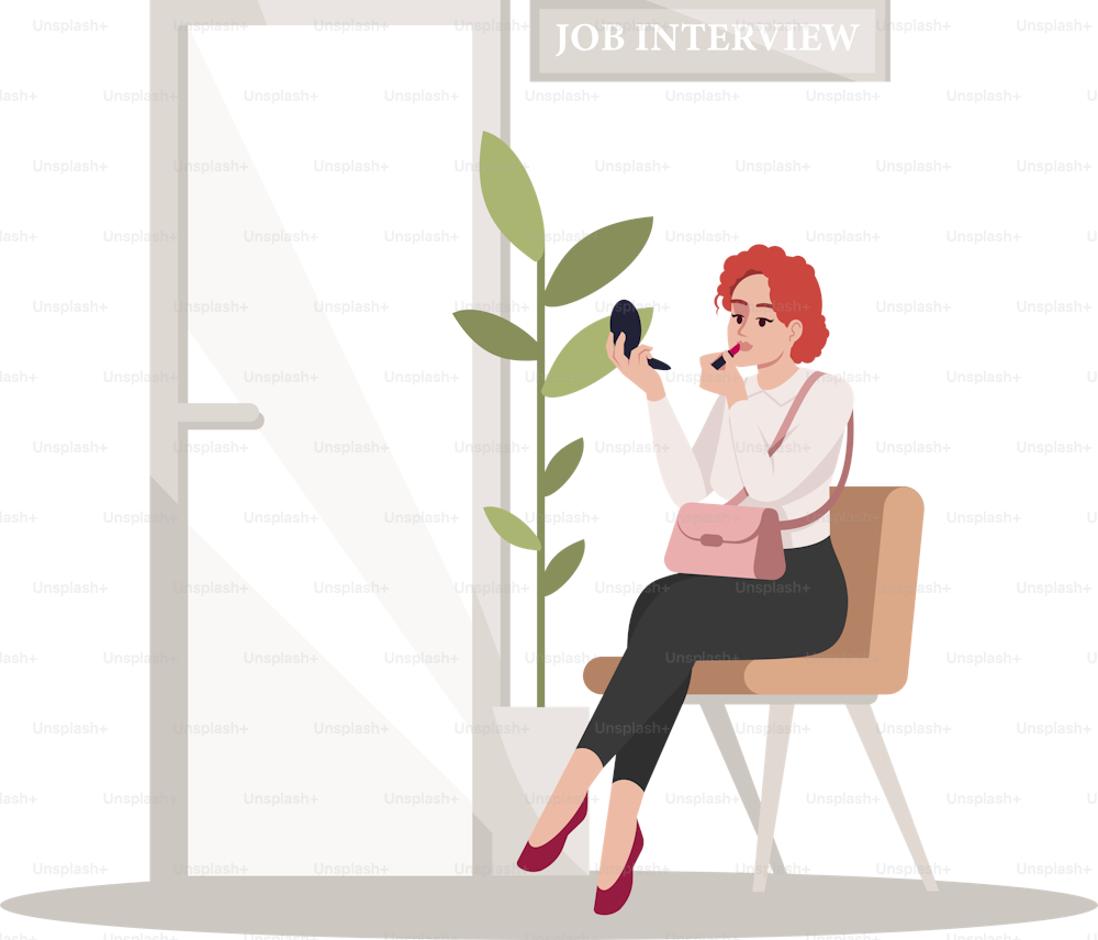 Job interview semi flat RGB color vector illustration. Female candidate for work wait in corridor. Woman apply lipstick before meeting. Applicant isolated cartoon character on white background