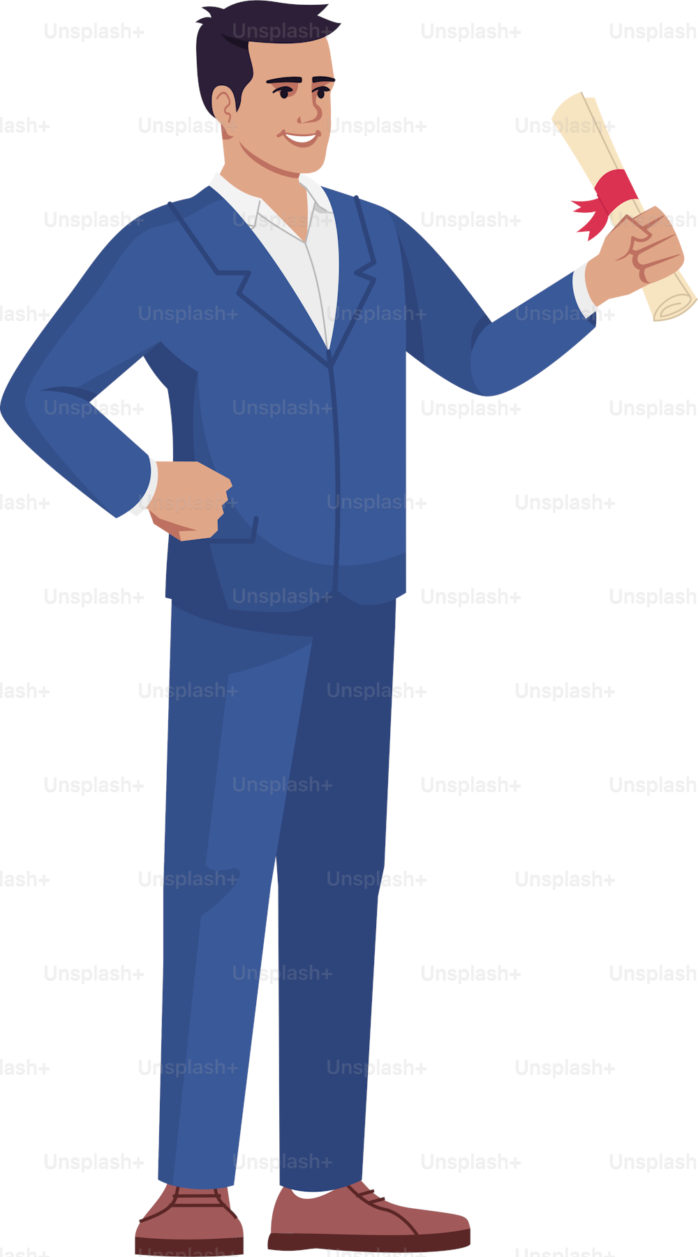 University graduate with diploma semi flat RGB color vector illustration. Student with paper scroll isolated cartoon character on white background. Educational achievement, study completion