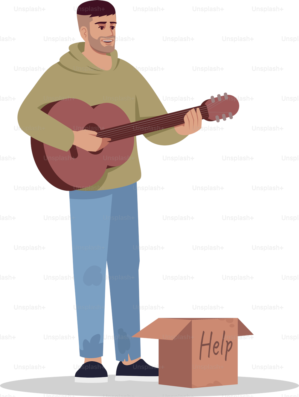 Músico sin hogar semi plano RGB ilustración vectorial en color. Guitarrista desempleado canta por dinero. Pobre cantante desempleado permorf por donaciones. Intérprete aislado personaje de dibujos animados sobre fondo blanco