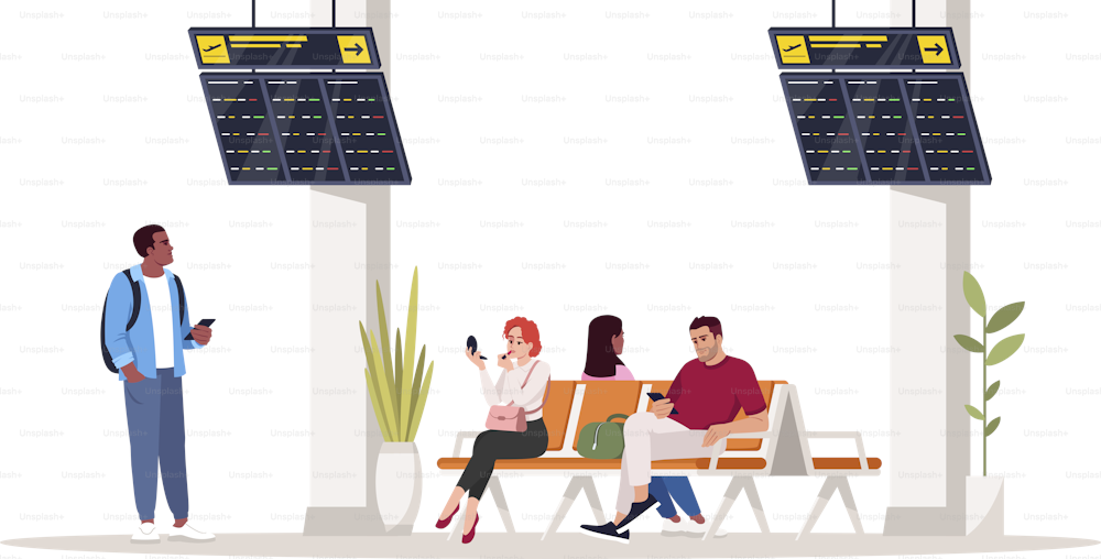 People in waiting area semi flat RGB color vector illustration. People in airport terminal lobby. Man and woman sit on chairs. Airplane passengers isolated cartoon character on white background