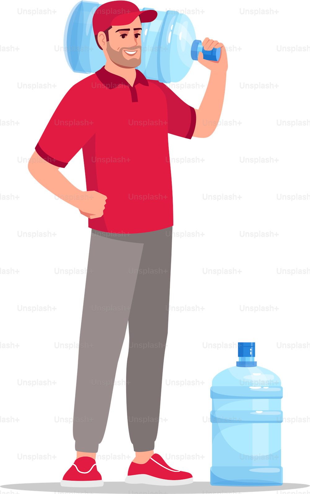 Ilustración vectorial de color RGB semiplana de suministro de agua de oficina. Líquido en botellas reutilizables para oficina. Mensajero masculino caucásico con uniforme rojo personaje de dibujos animados aislado sobre fondo blanco